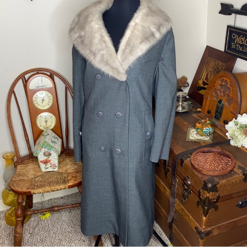 Luxury Denim 1950's full length dress coat Mink fur, double breasted